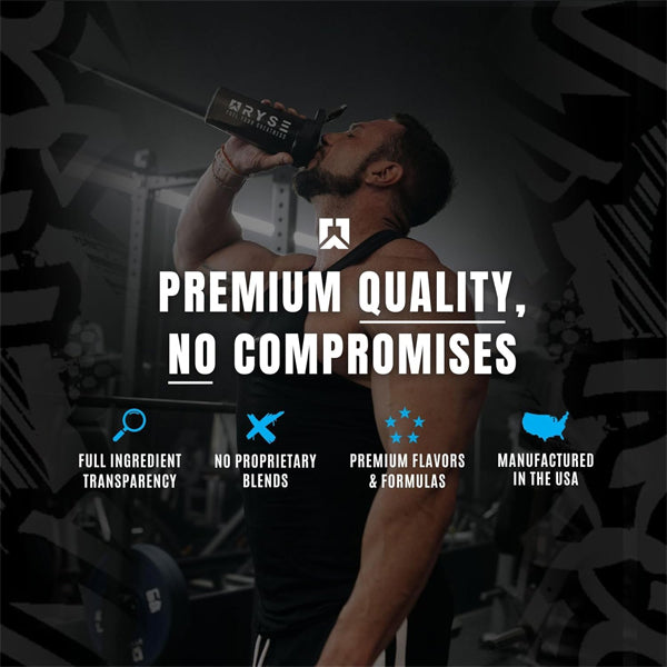 Close-up of Ryse Power Pre-Workout showing the label that highlights its no crash formula.