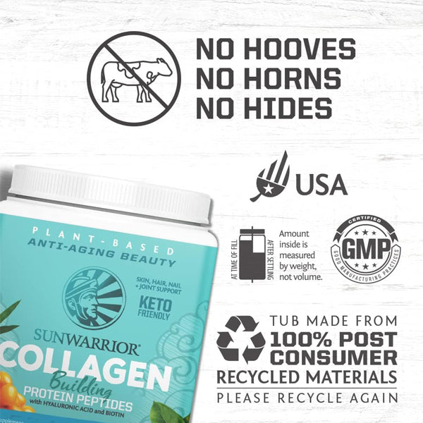 A scoop of Sun Warrior collagen powder being added to a smoothie, emphasizing its versatility.