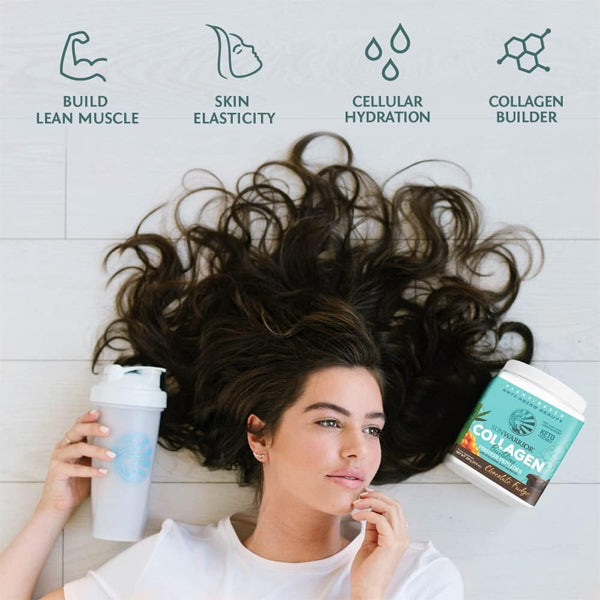 Close-up of Sun Warrior Vegan Collagen Protein Peptides showcasing its rich texture and appealing packaging.