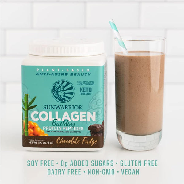 Sun Warrior Vegan Collagen Protein Peptides in a stylish jar, highlighting its natural ingredients.
