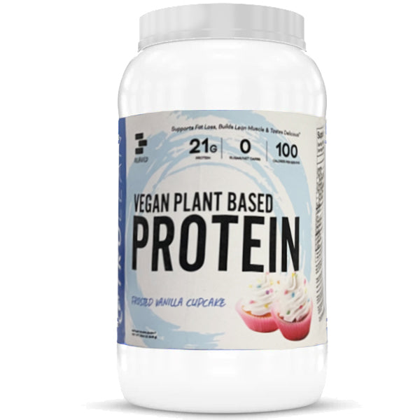 Vegan plant-based protein powder scoop and glass of smoothie for muscle recovery