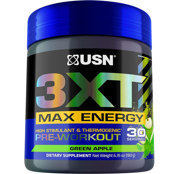 3XT Power Pre-Workout container showcasing vibrant design and key ingredients for muscle pump.