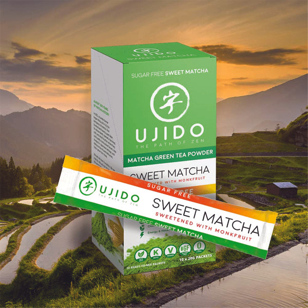 Close-up of Ujido Sweet Matcha Green Tea Powder packets, showcasing their vibrant green color and packaging design.