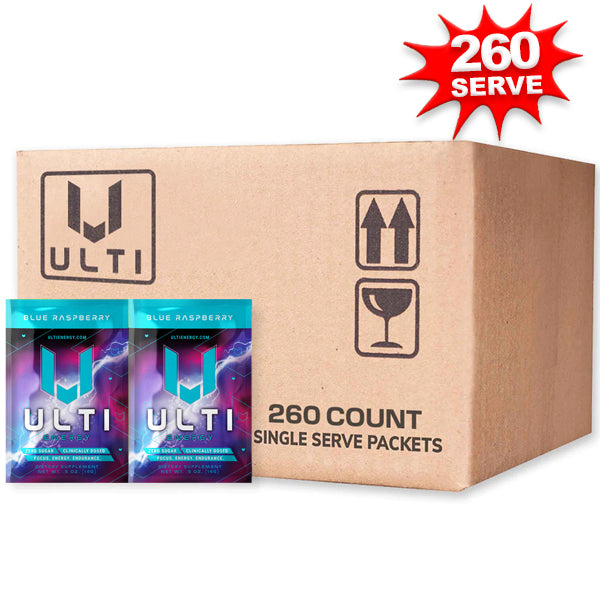 Front view of ULTI Performance Boost Singles packaging with energy supplement label