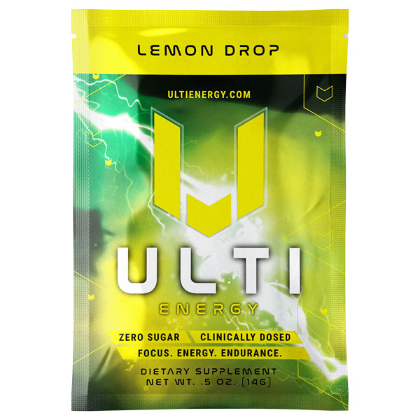 Front view of ULTI Performance Boost Singles packaging with energy supplement label