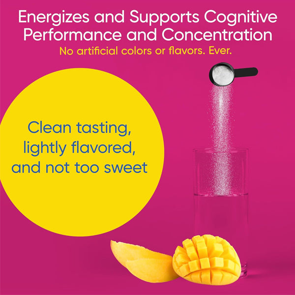 Close-up of Energize & Focus Powder packaging, highlighting the absence of artificial flavors and colors.