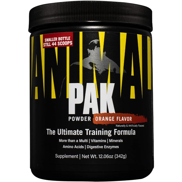 Animal Pak Powder container with a focus on its ingredients for bodybuilding performance.