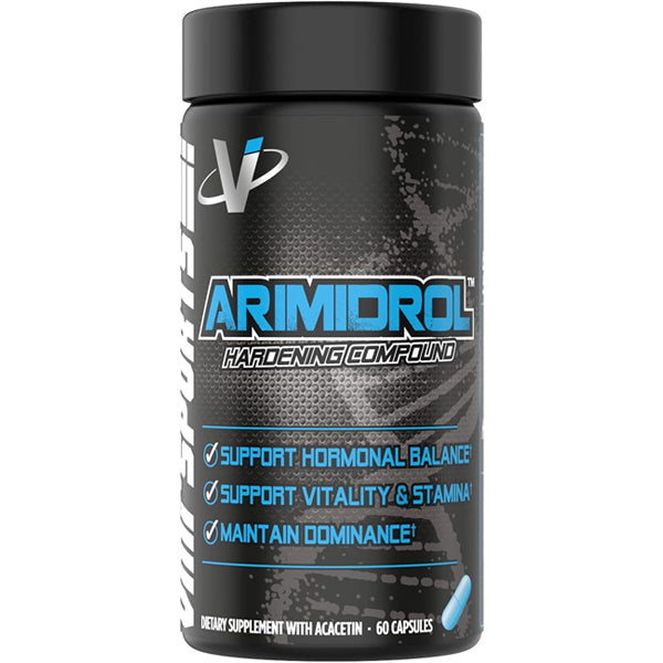 Close-up of VMI Arimidrol capsules for muscle hardening and hormone support