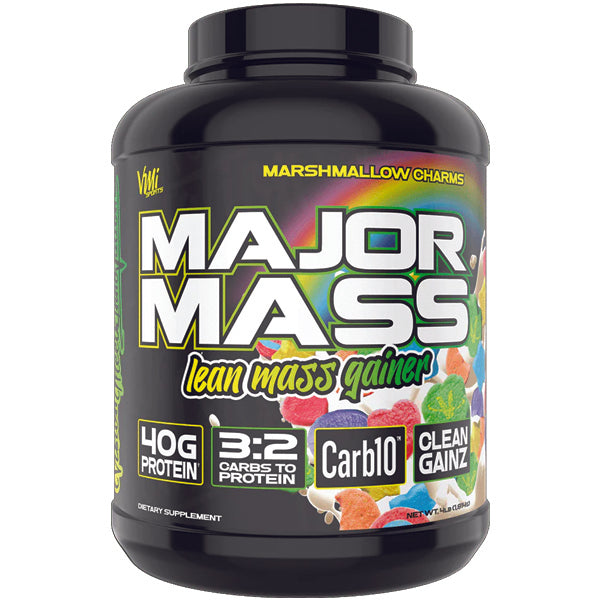 VMI Major Mass Lean Muscle Gainer with a scoop measuring protein content.