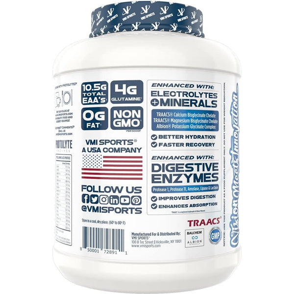 VMI Sports Protolyte Whey Protein Isolate displayed with fresh fruits, highlighting its ingredients.
