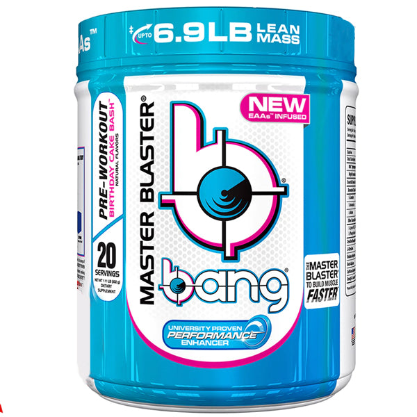 VPX Bang Master Blaster pre-workout powder container with scoop for intense gym sessions