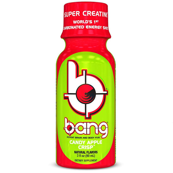 Close-up of Bang Energy Shot highlighting its sugar-free formula and BCAA content.