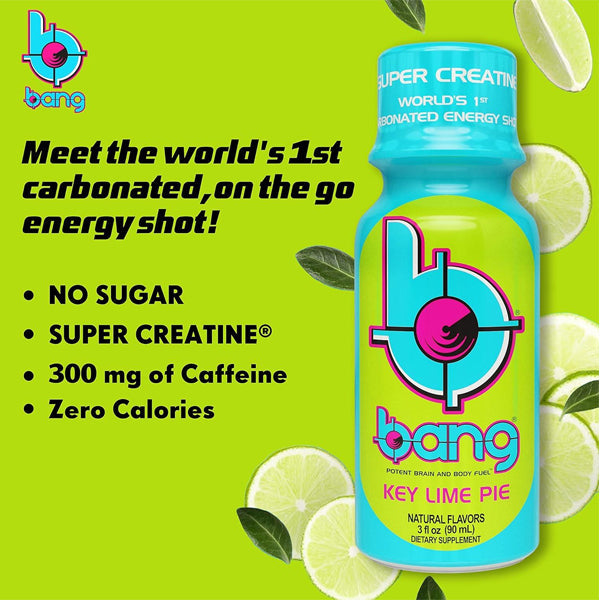 Close-up of Bang Energy Shot highlighting its sugar-free formula and BCAA content.