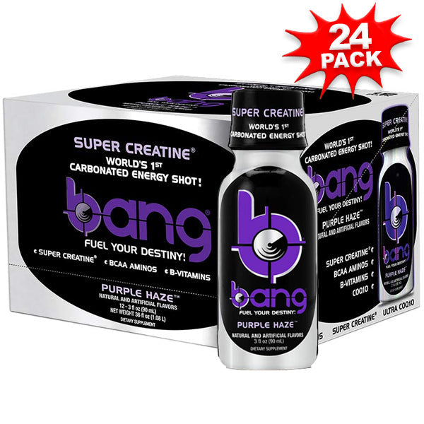 Bang Supercharged Energy Shot 24-Pack, showcasing vibrant packaging and product features.