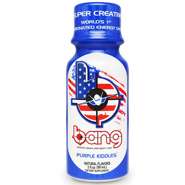 Close-up of Bang Energy Shot highlighting its sugar-free formula and BCAA content.