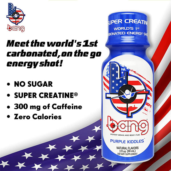 Bang Supercharged Energy Shot 24-Pack, showcasing vibrant packaging and product features.