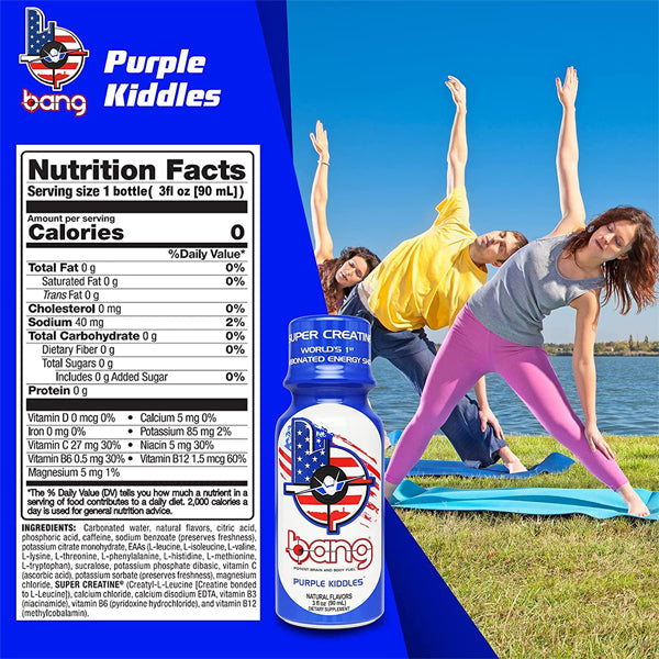 Close-up of Bang Energy Shot highlighting its sugar-free formula and BCAA content.