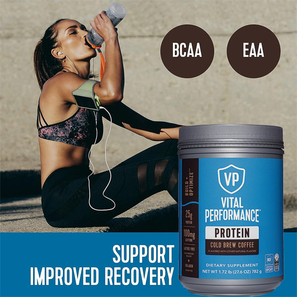Vital Performance Protein Powder showing packaging and benefits for bone and joint health