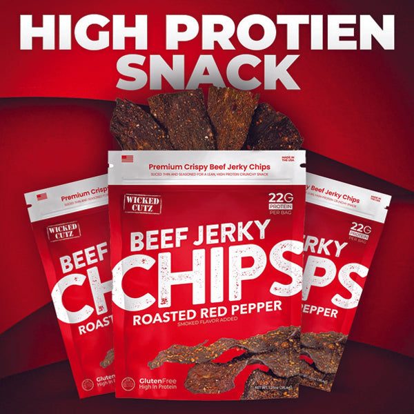 A close-up of Savory Crunch Beef Jerky Chips, perfect for a healthy snacking option.
