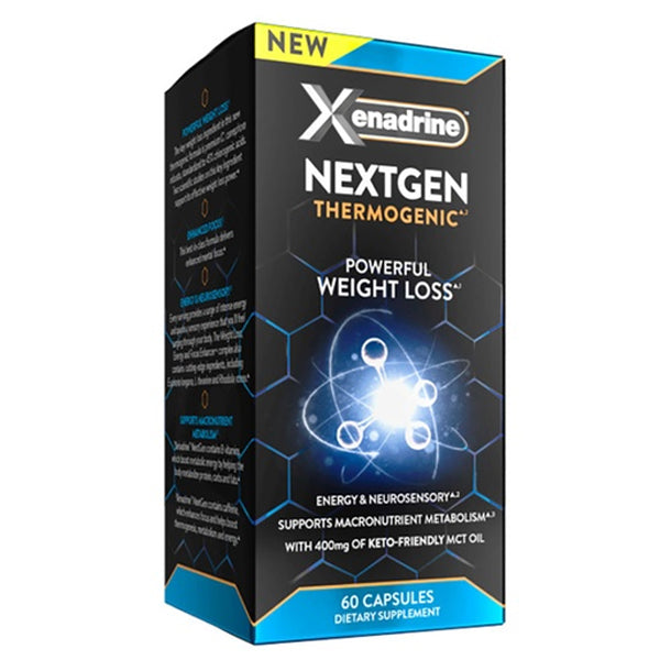 Xenadrine NextGen capsules shown in a sleek bottle, highlighting its fat-burning properties.