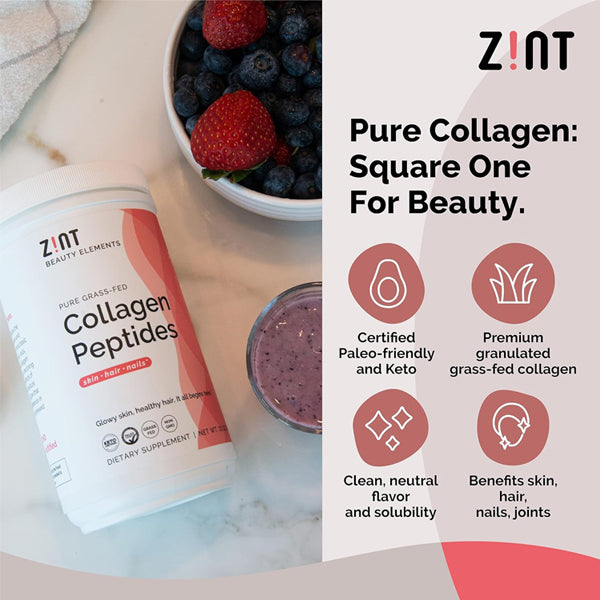 Measuring scoop of hydrolyzed collagen powder mixed into a smoothie