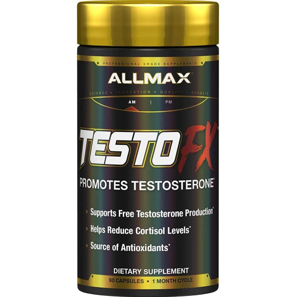 AllMax TestoFX capsules displayed on a wooden table, showcasing the packaging and the active ingredients.