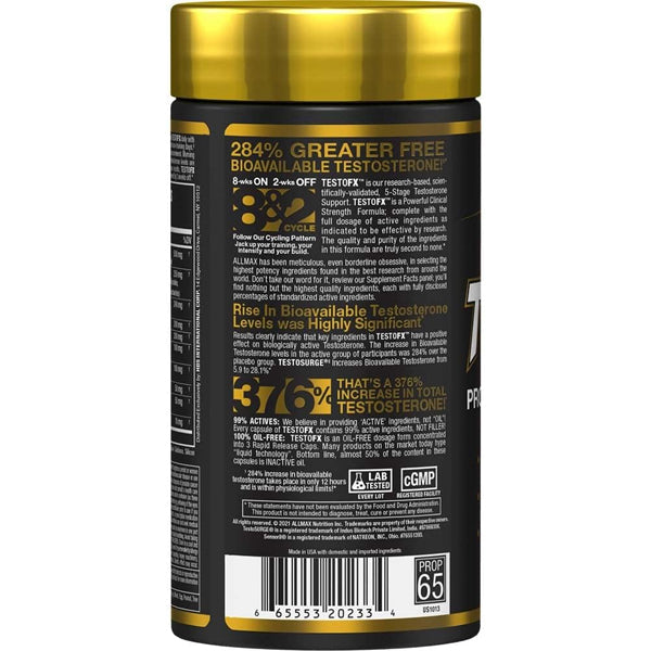A close-up of AllMax TestoFX capsules highlighting their oil-free formula and active ingredients.