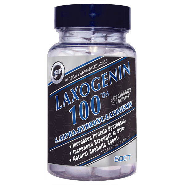 Front view of LaxoMax 100 bottle showing label and dosage for bodybuilding use