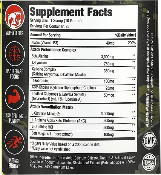 Close-up of the MuscleSport Attack supplement label emphasizing transparency
