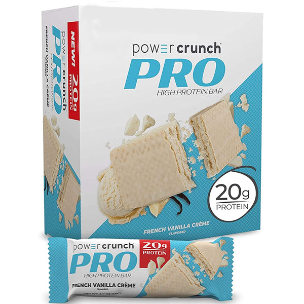 Power Crunch PRO High Protein Bars 12-Pack displayed on a gym bench, with packaging visible