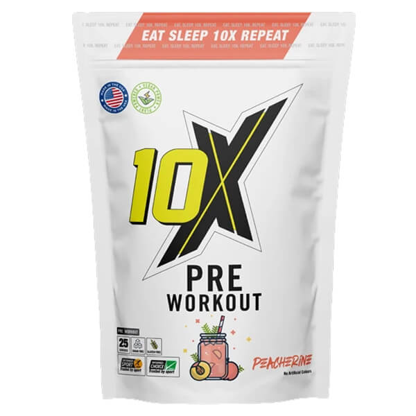 Close-up of 10X Athletic Pre Workout powder in a scoop, highlighting flavor and texture