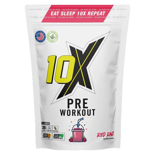 Label of 10X Athletic Pre Workout with flavor options and serving size