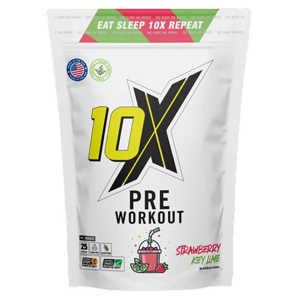 Close-up of 10X Athletic Pre Workout powder in a scoop, highlighting flavor and texture
