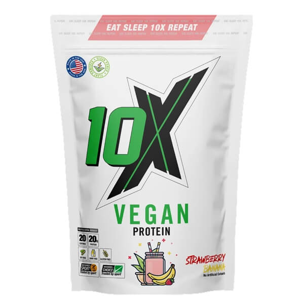 10X Performance Plant-Based Protein powder in a shaker, perfect for post workout recovery.