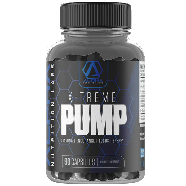 Close-up of Alpha Nutrition Labs X-treme Pump Capsules showing ingredients for muscle pump