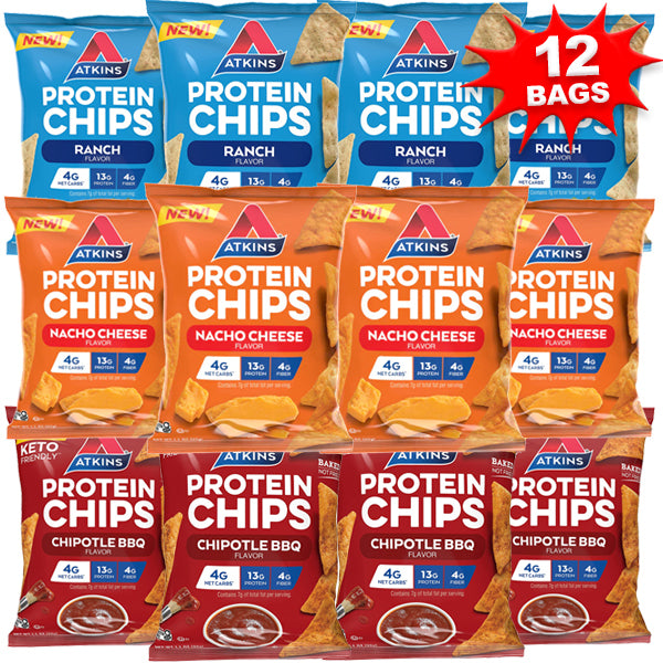 Close-up of Atkins Protein Chips showcasing the crispy texture and flavor variety.