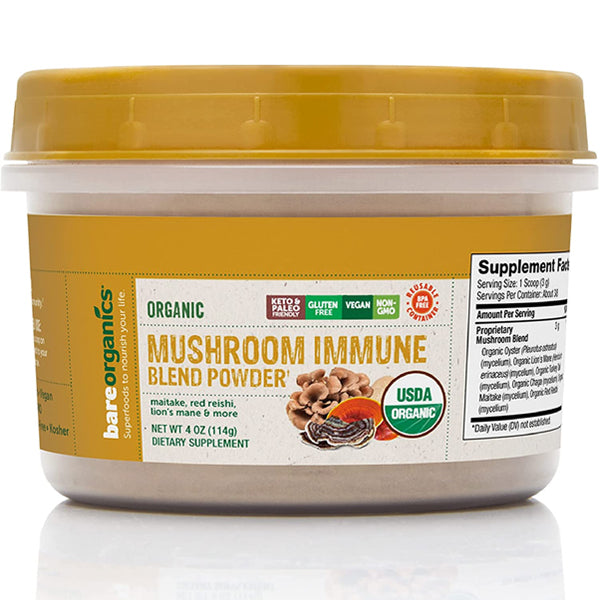 Close-up of Organic Mushroom Immune Booster Powder in a BPA-free jar, showcasing its rich texture.