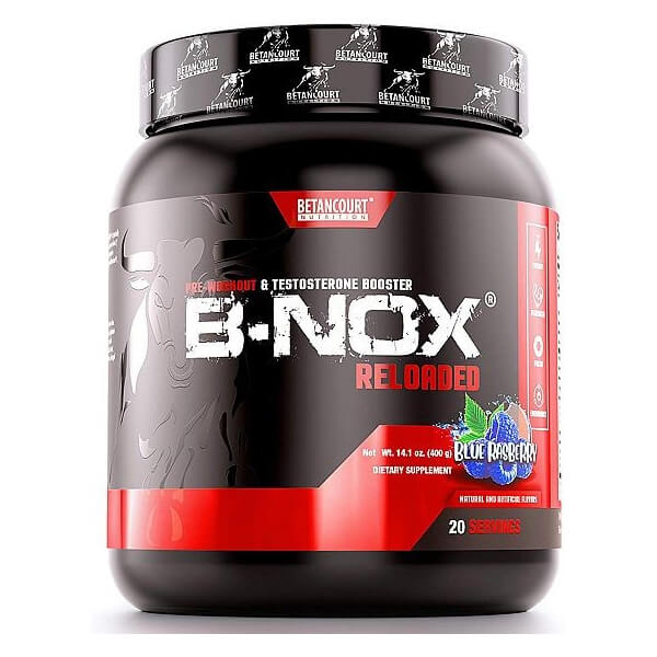 Close-up of B-Nox Reloaded supplement jar with natural ingredients, athletes working out