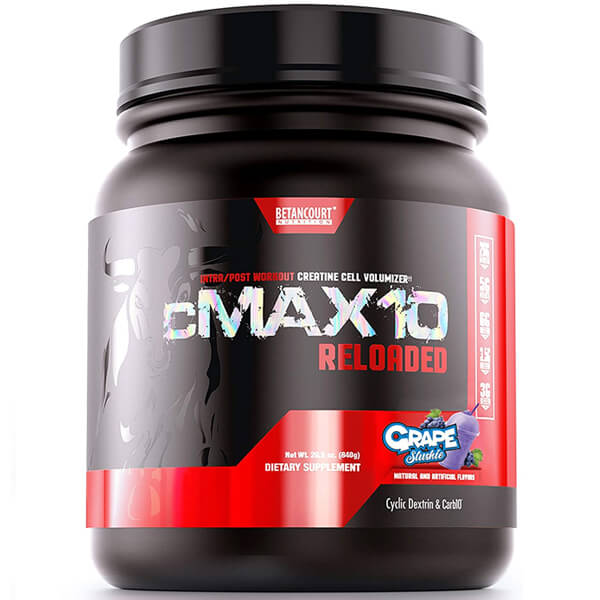 cMAX10 Reloaded supplement container showing key ingredients for muscle recovery and hydration.