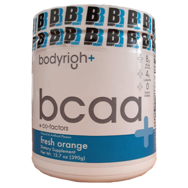 Elite BCAA Plus Co-Factors powder in a mixing cup with fresh orange slices, perfect for muscle recovery.