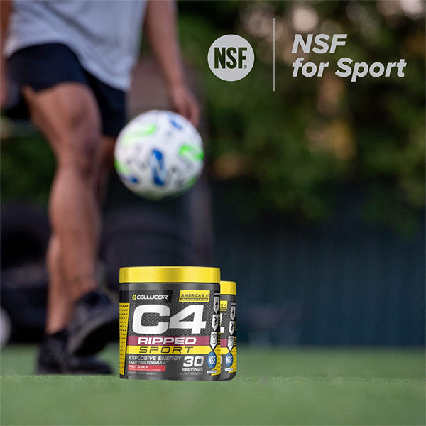 C4 Ripped Sport pre-workout container showcasing its vibrant packaging and product details.