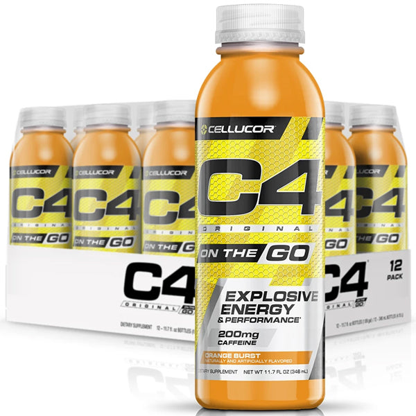A close-up of C4 Original On-The-Go energy drink highlighting its vibrant packaging and zero-calorie formula.
