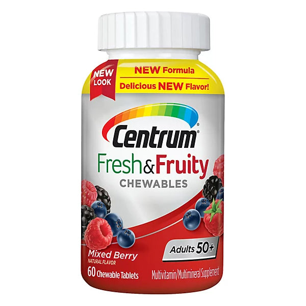Close-up of Centrum 50+ chewable vitamins in mixed berry flavor, showcasing the vibrant packaging.