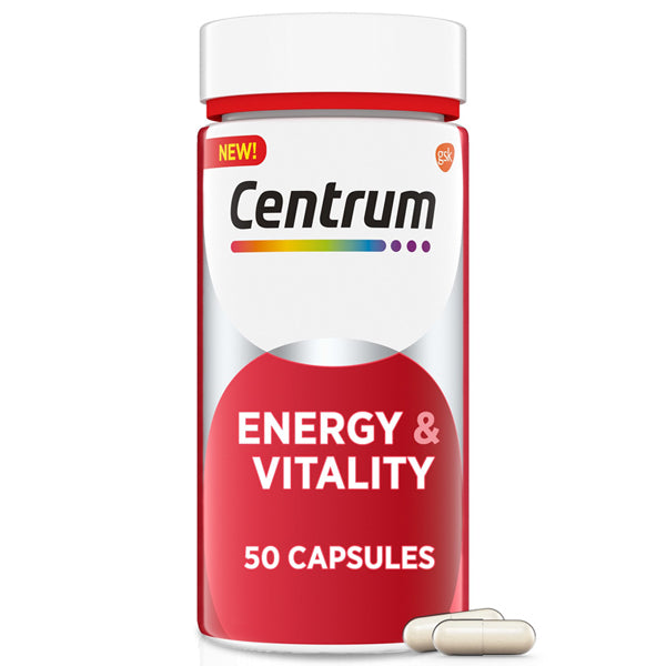 Centrum Vitality & Energy Boost Capsules with botanical ingredients for natural energy support.