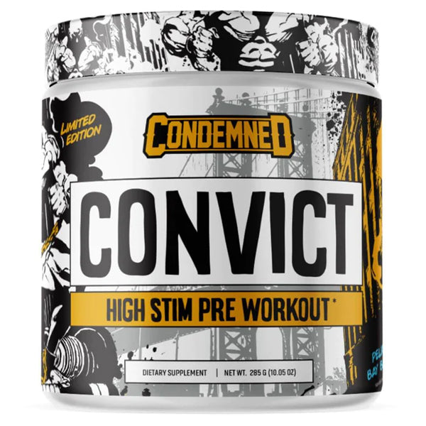 Close-up of Condemned Labz Convict pre workout container showing label and ingredients for energy and muscle pump.