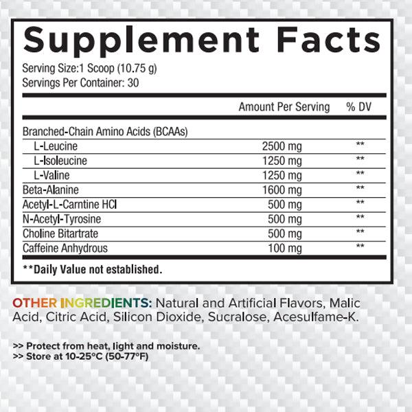 Product label highlighting BCAA supplement details including endurance formula and recovery ingredients
