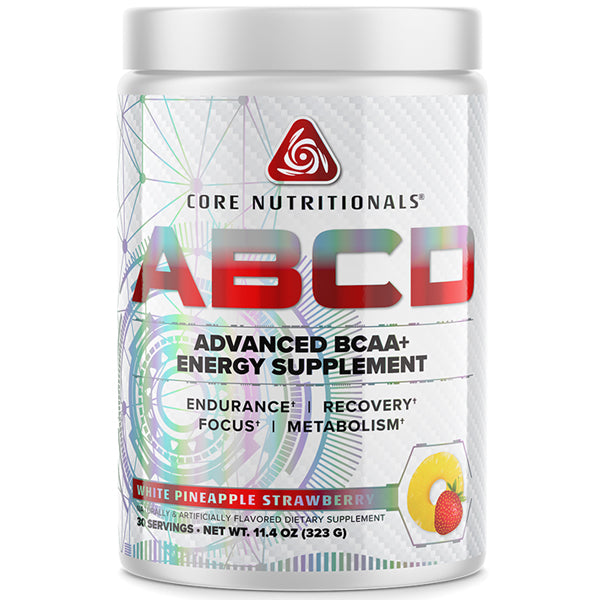 Front view of ABCD BCAA+ Drive amino acid powder container placed beside shaker bottle post workout
