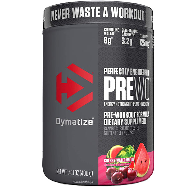 Dymatize Power Surge Pre-Workout container showcasing its energy boosting ingredients.