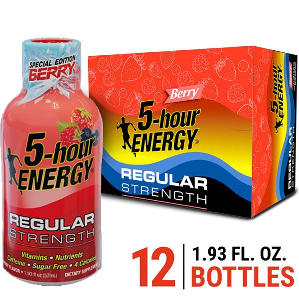 PowerUp Energy Shots displayed on a kitchen counter, showcasing their vibrant packaging.
