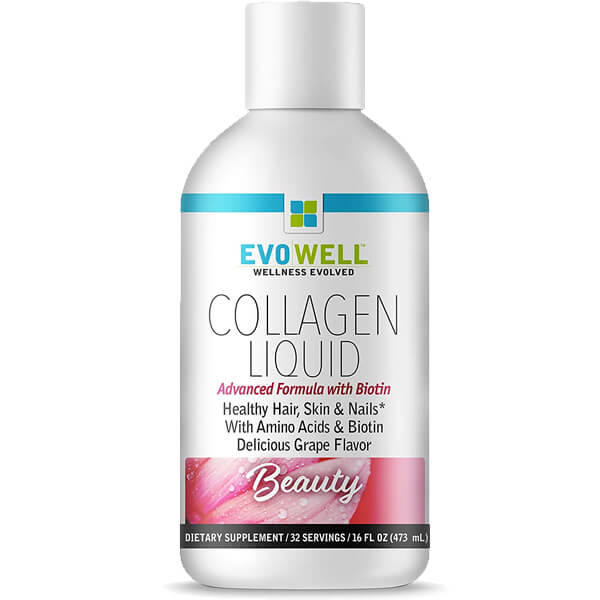EvoWell Collagen & Biotin Elixir bottle showcasing its grape flavor and liquid consistency.